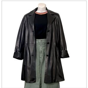 Borgo Antico Black Leather Mid Length Vintage  Belted Trench Coat XL
